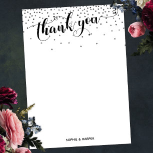 Kalligrafi med Hjärtan och Silverkonfetti Tack Kort