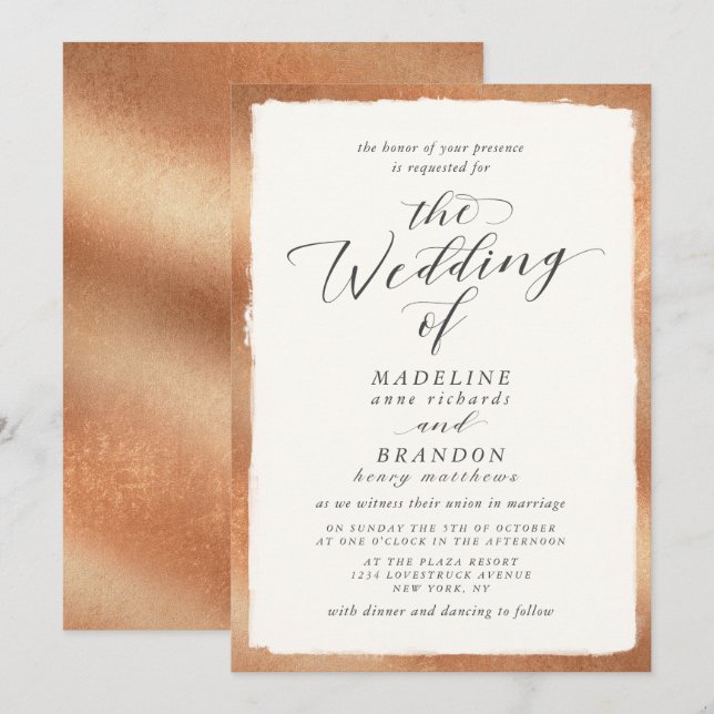 Kalligrafi med koppar Kant Luxury Fall Wedding Inbjudningar (Fram/baksida)