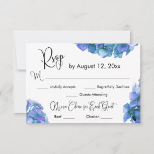 Kalligrafi Menyval med Blå Hortensia RSVP OSA Kort