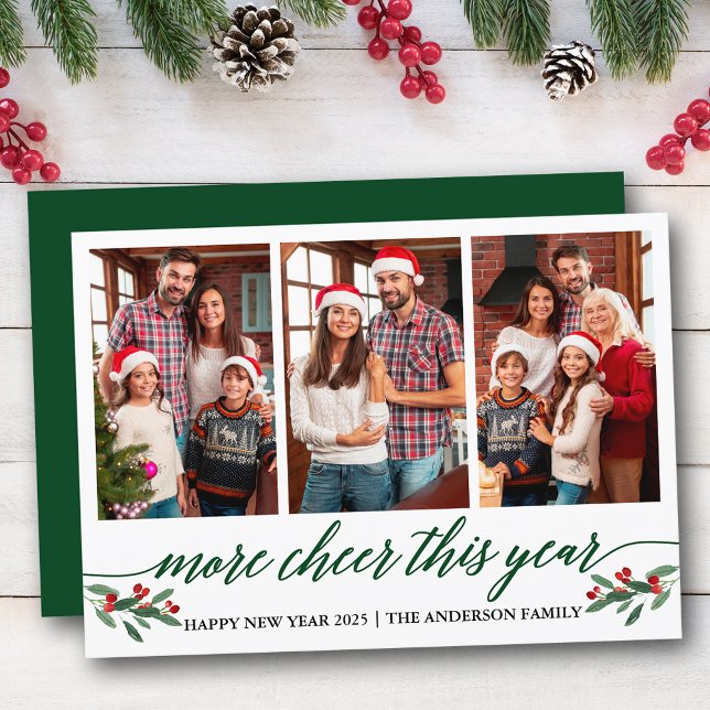 Kalligrafi mer Chef detta år, 3 fotoGrönt Julkort (Customize to add text to back of card or to change color of  back of card.)