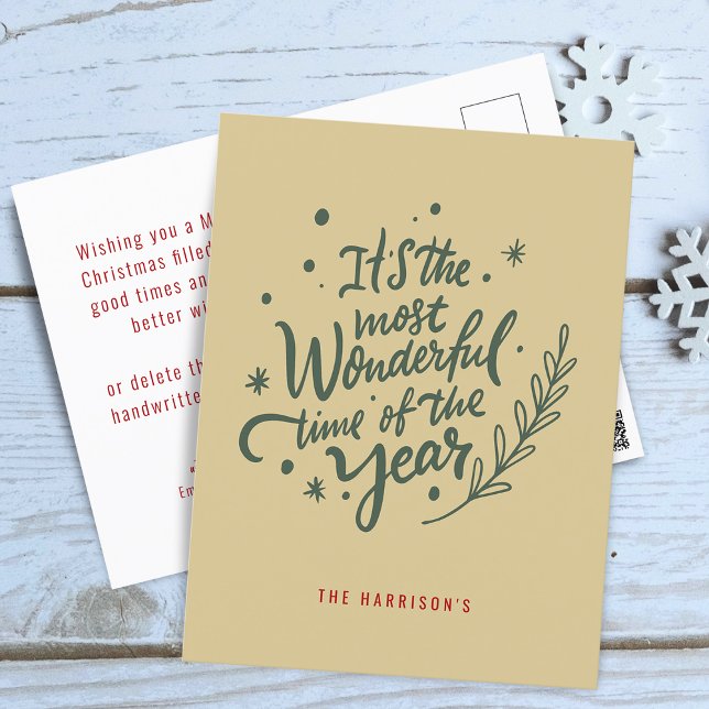 Kalligrafi Mest Underbara Jul Helg Vykort (Calligraphy Most Wonderful Time Christmas Holiday Postcard)
