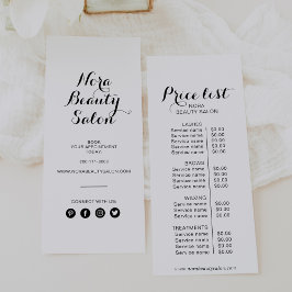 Kalligrafi minimalistisk skönhetssalong prislista reklamkort