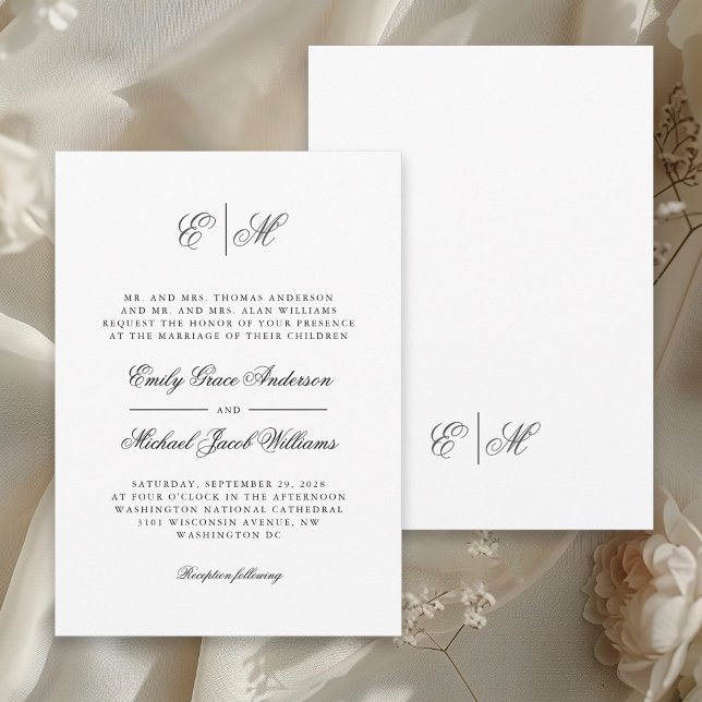 Kalligrafi Monogram Forme Black & White Bröllop Inbjudningar (Available in both printed and digital download formats.)