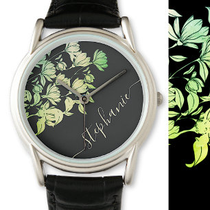 Kalligrafi Namnteckning Elegant Blommigt Grönt Bla Armbandsur