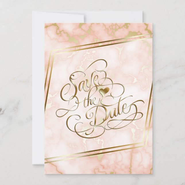 Kalligrafi över bröllop Ro och Guld Marble Ornate Spara Datumet (Framsida)
