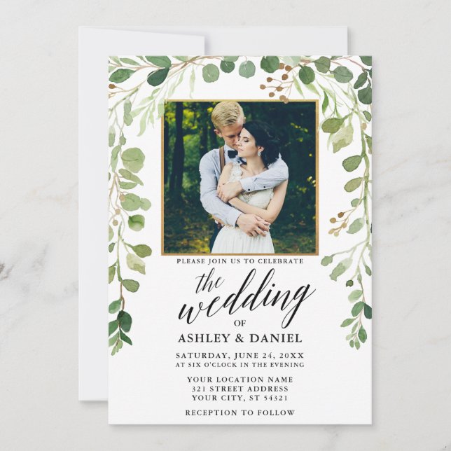 Kalligrafi över den botaniska Grönten Guld Ram Brö Inbjudningar (Framsida)