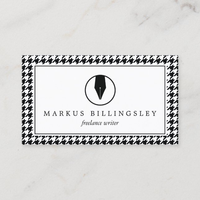 Kalligrafi Pen Nib Logotyp med Houndstooth Mönster Visitkort (Framsida)