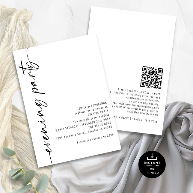 Kalligrafi QR-kod Bröllop Evening Party Guests Inbjudningar (Front and back view)