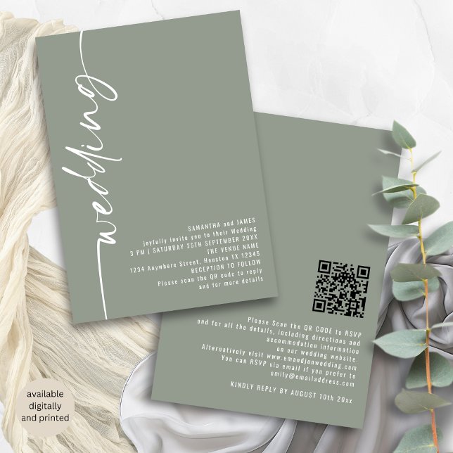 Kalligrafi QR-kodsedel Grönt Bröllop Inbjudningar (Front and back view)