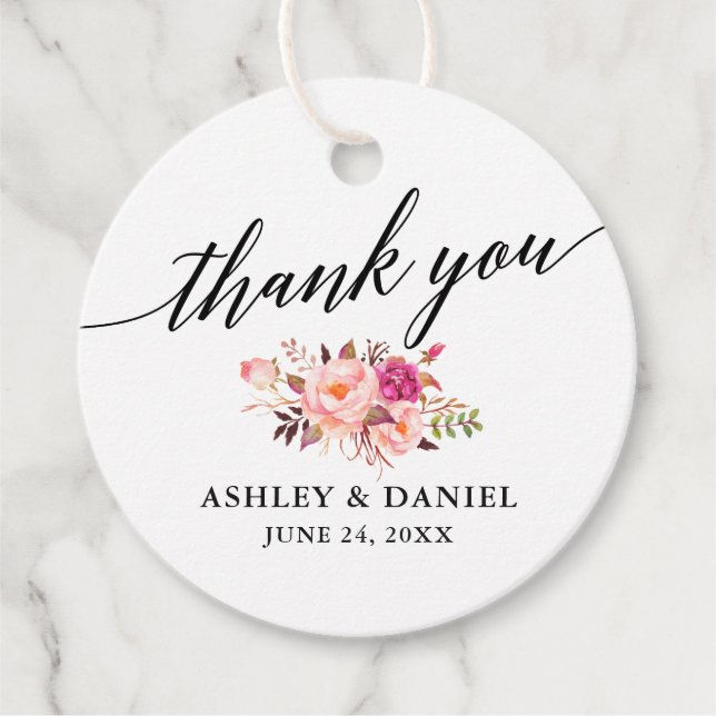 Kalligrafi Rosa Blommigt Bröllop Tack Gåvor Etiketter (Framsida)