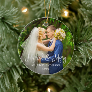 Kalligrafi Skript Bröllop Photo Married and Merry Julgransprydnad Keramik