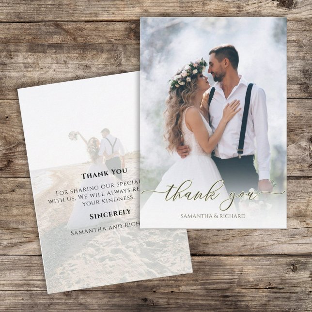 Kalligrafi Skript Modern Simple Two Photo Elegant Tack Kort (Simple wedding thank you card with a two-photo template. )