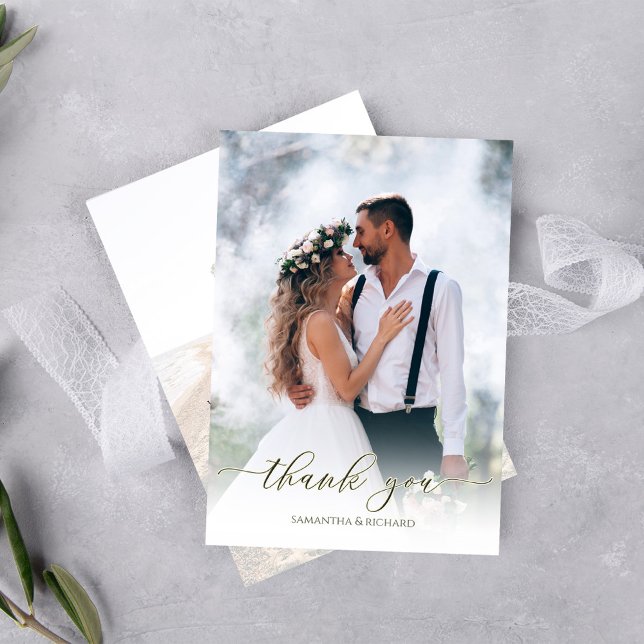 Kalligrafi Skript Modern Simple Two Photo Elegant Tack Kort (Simple wedding thank you card with a two-photo template. )