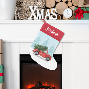 Kalligrafi Skriptet Watercolor Rustic Red Lastbil Liten Julstrumpa