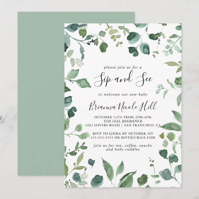Kalligrafi SkriptGrönt - Foliage Sip och Se Inbjudningar (Fram/baksida)