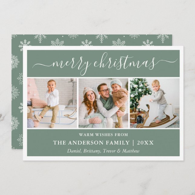 Kalligrafi Snöflingor Jul Grönt 3 Foto Julkort (Fram/baksida)