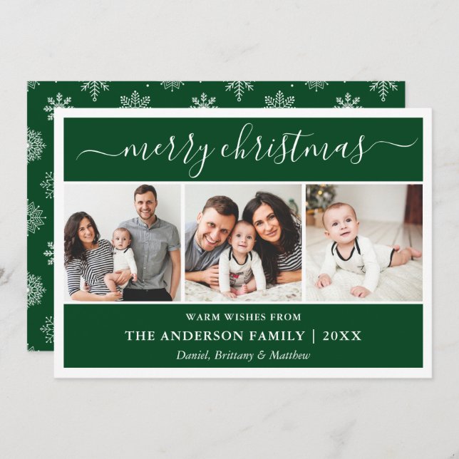 Kalligrafi Snöflingor Jul Grönt 3 Foto Julkort (Fram/baksida)