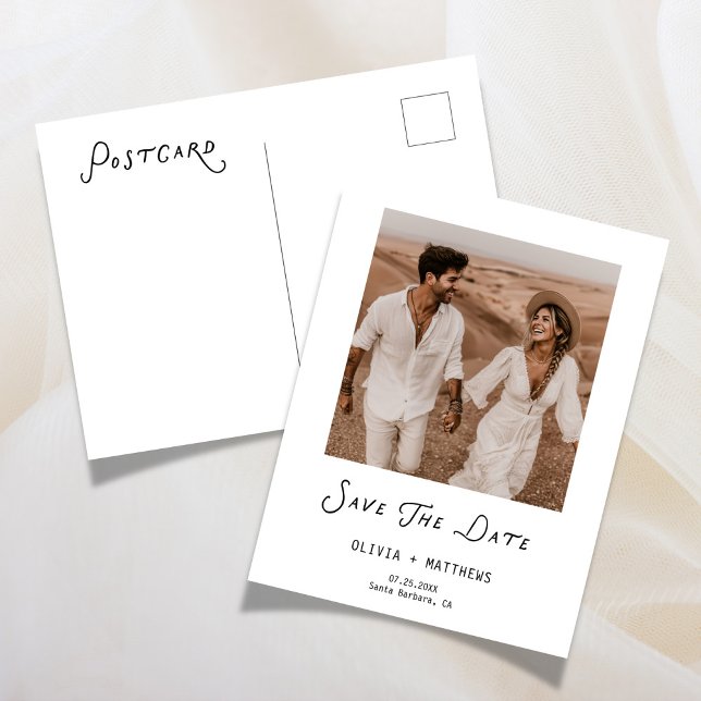 Kalligrafi Spara Datum Foto Bröllop Modernt Inbjudan Vykort (calligraphy save the date, photo save the date, minimalist wedding save the date, modern wedding pos)
