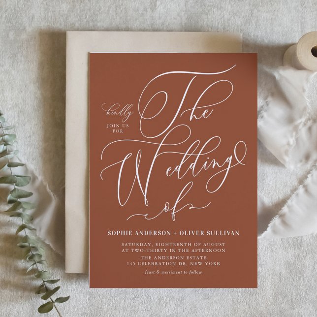 Kalligrafi Terracotta QR-koden Bröllop Inbjudningar (Whimsical Calligraphy Terracotta QR Code Wedding Invitation)