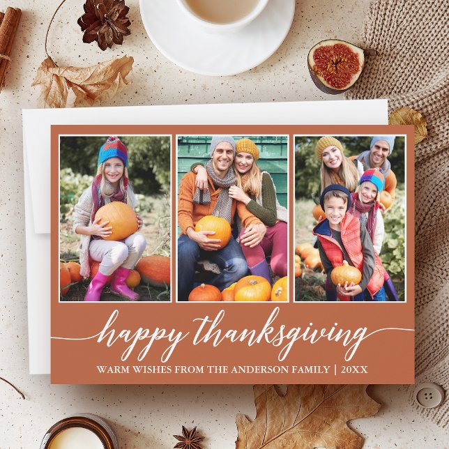 Kalligrafi Terrakotta 3 Foto Tacksgiving Julkort (Customize to add text to back of card.)