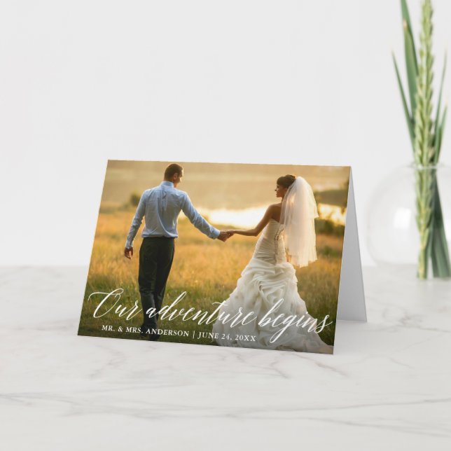 Kalligrafi vår Äventyr börjar Bröllop-fetma Tack Kort (Framsida)