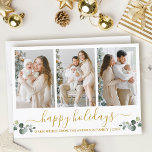 Kalligrafi Vattenfärg Eucalyptus 3 Photo Guld Julkort<br><div class="desc">Modern Calligraphy Script 3 Photo Glad helg Card innehåller Watercolor Eucalyptus Lövs. Guld</div>