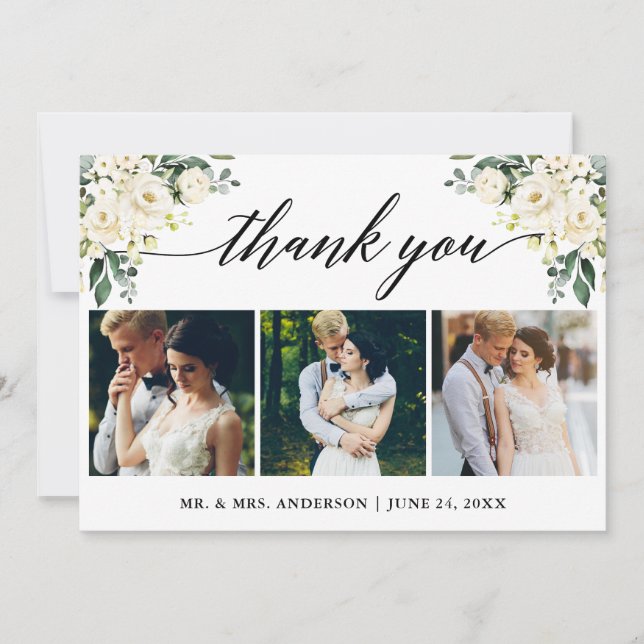 Kalligrafi Vattenfärg Vit Blommig Bröllopsfoto Tack Kort (Framsida)