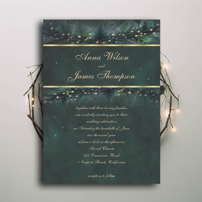 Kalligrafin Guld i Bröllop Inbjudningar (enchanted forest wedding invitation emerald gold frame garland calligraphy modern classic)