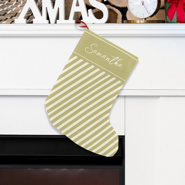 Kalligrafiskript för enkel Guld Helgdag-Rand Liten Julstrumpa (Simple gold striped holiday Christmas stocking. )