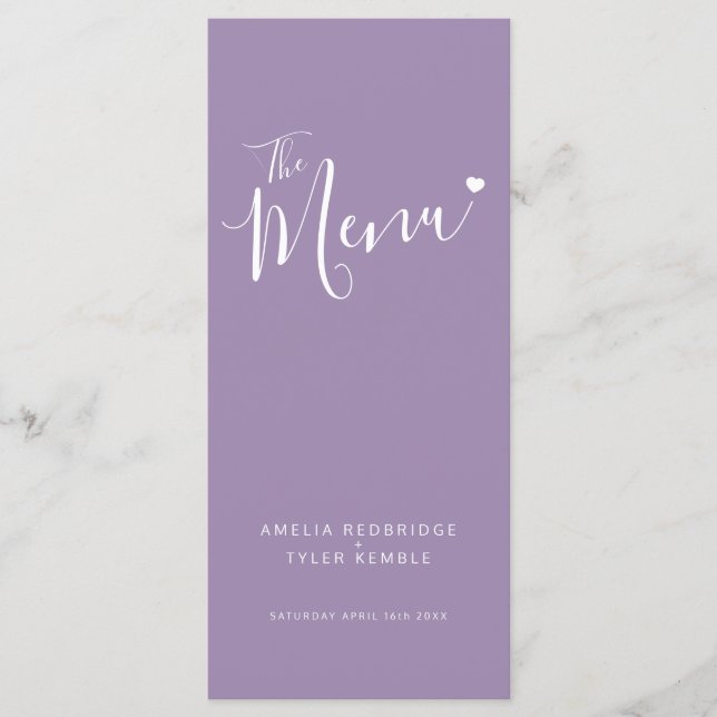 Kalligrafitext vit hjärta på lila bröllop meny (Framsida)