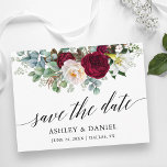 Kalligraphy Burgundy Blommigt Greenery Save Date Vykort<br><div class="desc">Modern kalligrafi,  Elegant Watercolor Burgundy Blommigt Greenery Förlovning Announcement Bröllop spara datum Postcard innehåller peonier,  eukalyptus löv och annan vacker grey.</div>
