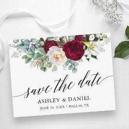 Kalligraphy Burgundy Blommigt Greenery Save Date Vykort
