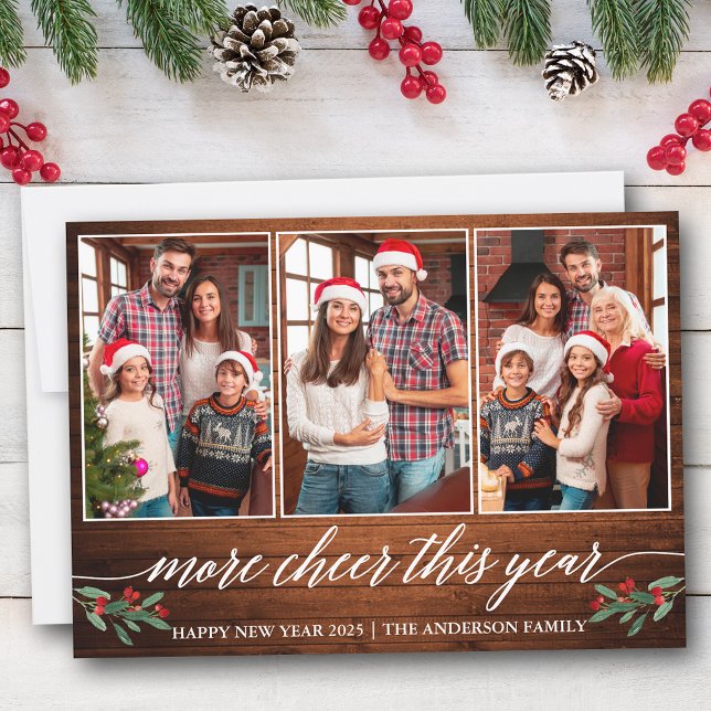 Kalligraphy Wood more Cheer detta år 3 Photo Julkort (Customize to add text to back of card.)