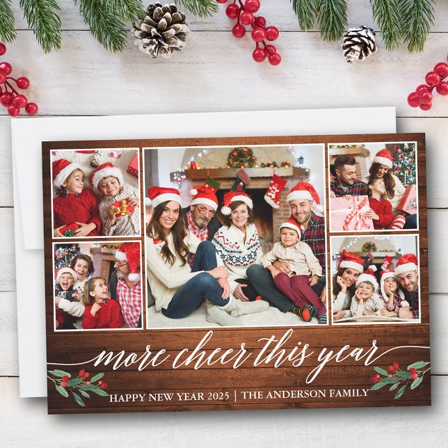 Kalligraphy Wood more Cheer detta år 5 Photo Julkort (Customize to add text to back of card.)