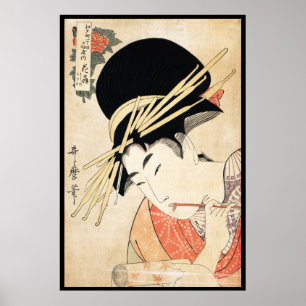 Kallt japanskt porträtt för vintageukiyo-egeisha poster