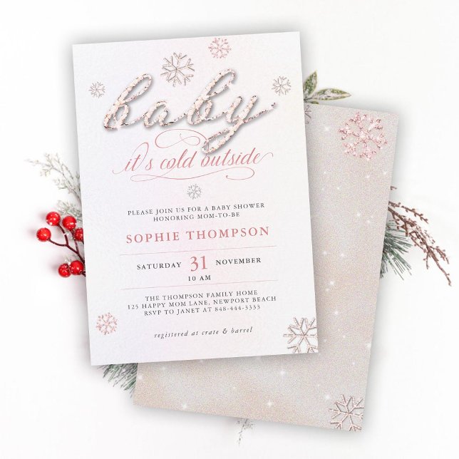 Kallt utanför Rhinestones Glitter Flicktema Baby S Inbjudningar (cold outside girl baby shower invitation rhinestone snowflake white winter wonderland christmas boho)