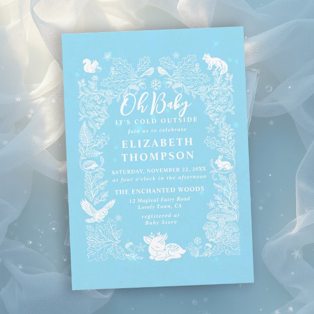 Kallt Utanför Skogs Djur Vinter Baby Shower Inbjudningar (oh baby its cold outside winter baby shower invitations frost blue white woodland animals storybook )