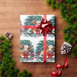 Kalv liggande vid julgran presentpapper
