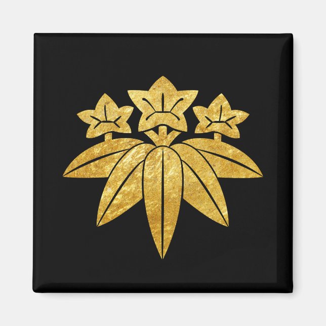 Kamakura Minamoto Mon japansk faux guld på svart Magnet (Framsidan)