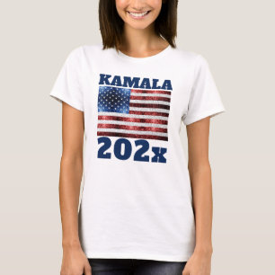 KAMALA 2024 USA flagga blå röd falska gnistrande t Shirt