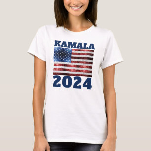 KAMALA 2024 USA flagga blå rödfaux sparkles text T Shirt