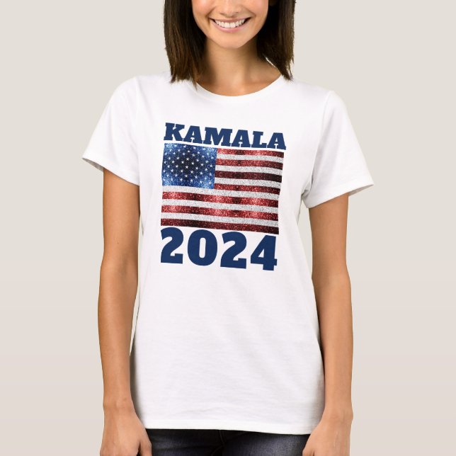 KAMALA 2024 USA flagga blå rödfaux sparkles text T Shirt (Framsida)