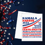 Kamala Harris 2024 Valdemokratiplattform Vykort<br><div class="desc">Omröstning om Kamala Harris till president i presidentvalet 2024 för att stödja den demokratiska plattformen i party. Detta demokratiska vykort visar på en lista av sex skäl: HBT-höger, kvinnors hälsovård, miljöpolitik, student lånereform, lika möjligheter för minoriteter och kvinnor, förnuftiga vapenlagar och andra värderingar. Visa er politiska tro med blå och...</div>