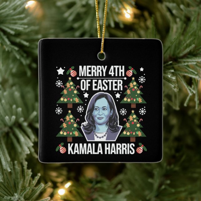 Kamala Harris-jultomten Merry 4:e Påsk Julgransprydnad Keramik (Träd)