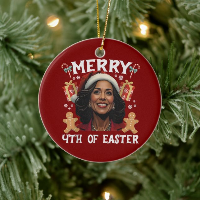 Kamala Harris-jultomten Merry 4:e Påsk Julgransprydnad Keramik (Träd)