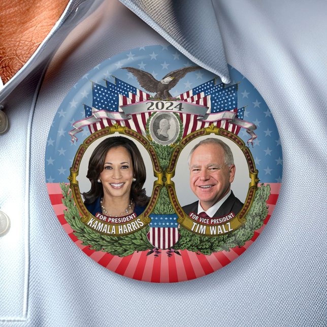 Kamala Harris och Tim Walz 2024 - Stars Jugate Knapp (Campaign Button)