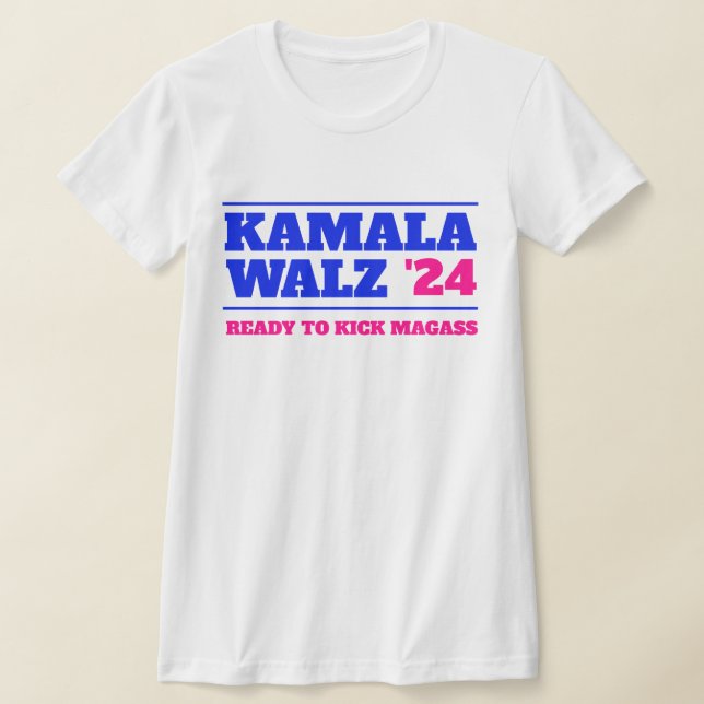 Kamala Harris Walz 2024 Rosa och Blue T Shirt (Laydown)