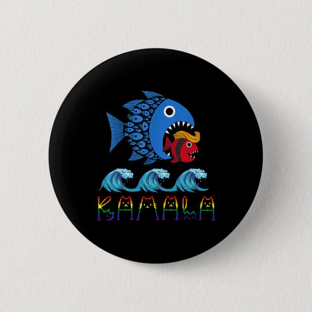 Kamala över Trump Blue Wave Big Fish Eats Small Fi Knapp (Framsida)