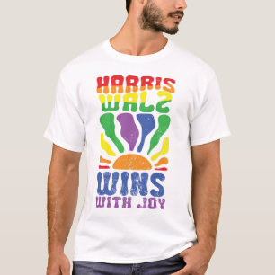 Kamala Wins with Joy Retro Boho Harris Walz LGBT T Shirt