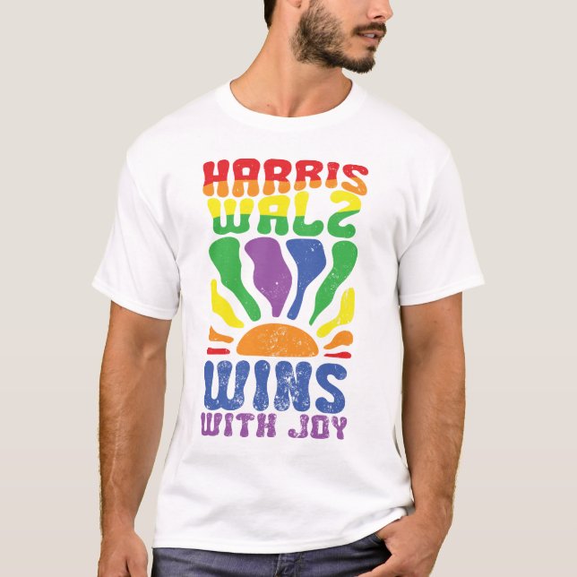 Kamala Wins with Joy Retro Boho Harris Walz LGBT T Shirt (Framsida)